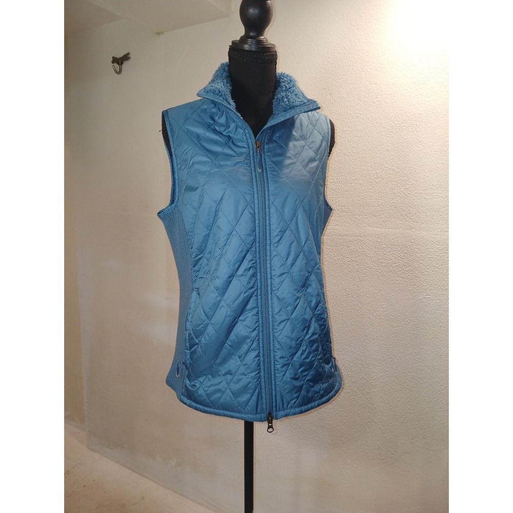 LL Bean Women Blue Quilted Fleece Lined Vest Ribbed Side Panels Size M 291762